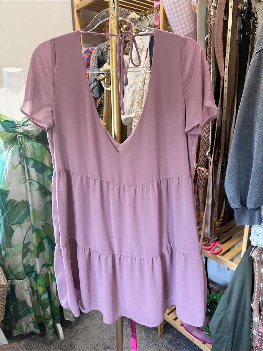 Show Me Your MuMu Lavender Tiered V-Neck Mini Dress medium boho - Picture 4 of 9